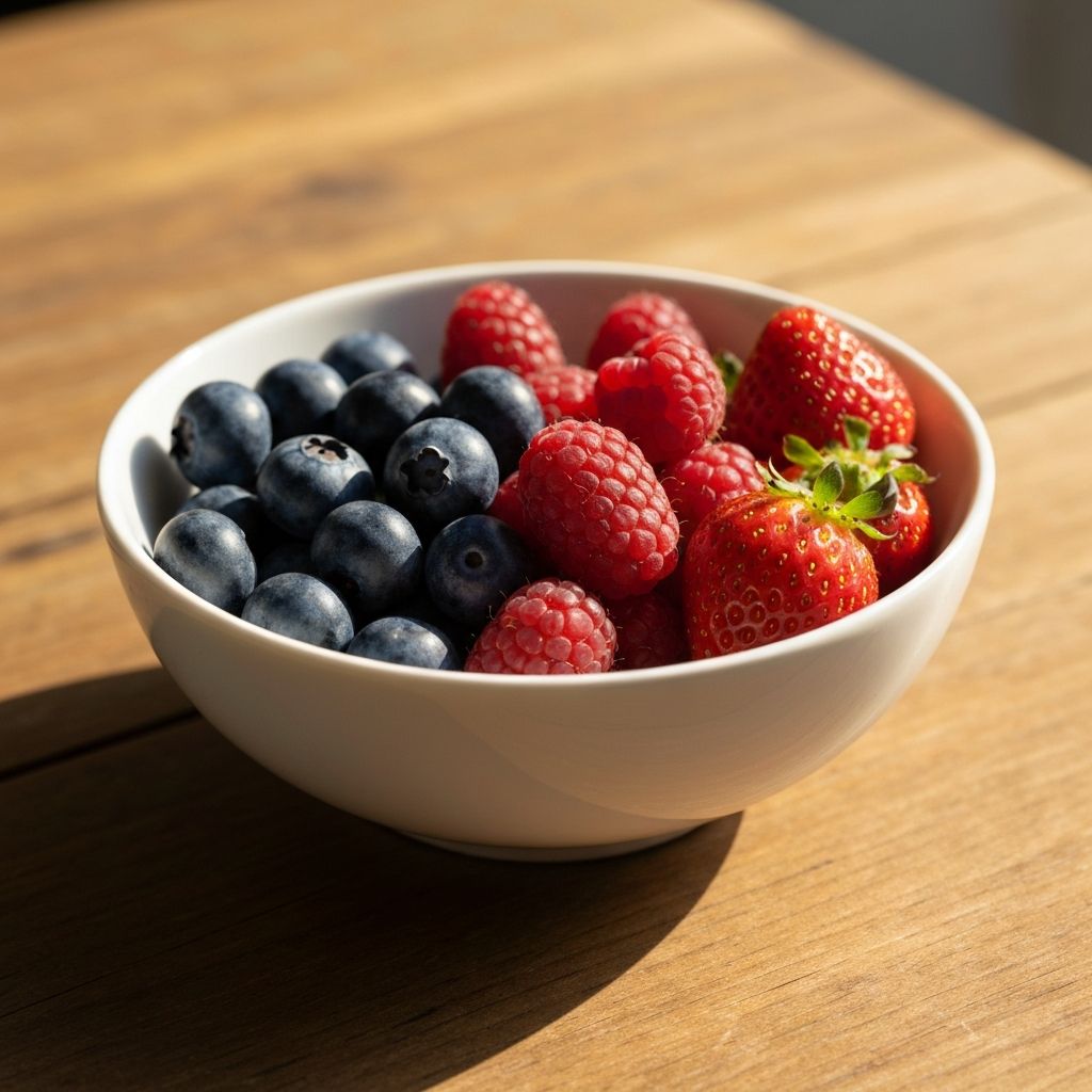 Assortierte frische Beeren - Blaubeeren, Himbeeren, Erdbeeren in weißer Schale - vielfältige Nährstoffquellen