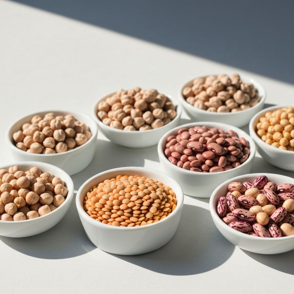 Assortierte Leguminosen und Linsen in kleinen weißen Schüsseln - pflanzliche Proteinquellen