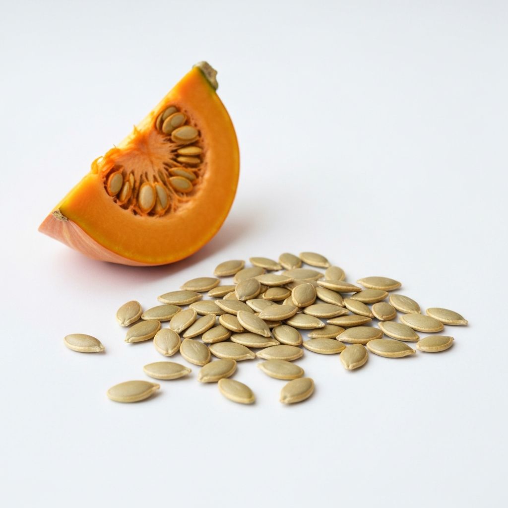Kürbiskerne verstreut auf weißer Fläche mit frischem Kürbis - Nährstoffkonzentration