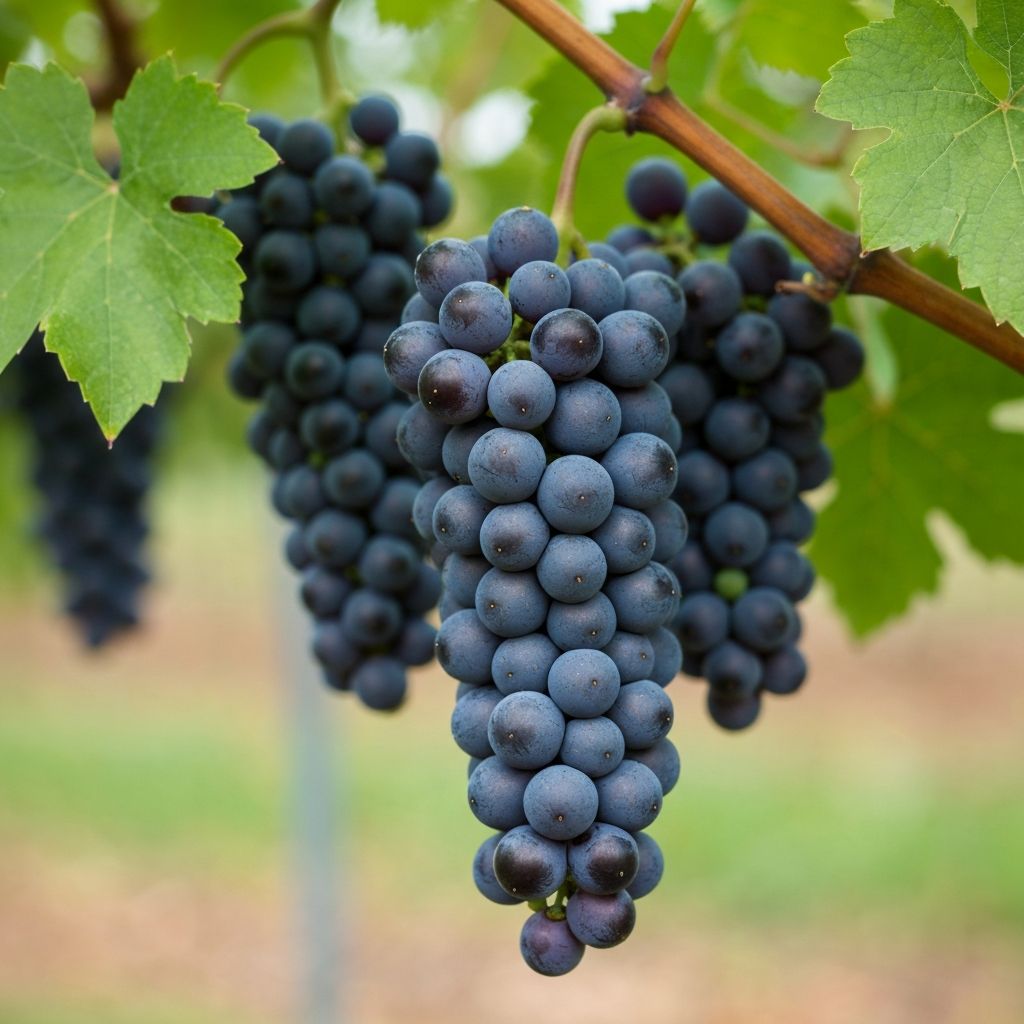 Dunkle Traubenbündel am Weinstock mit grünen Blättern - natürlicher Melatoningehalt