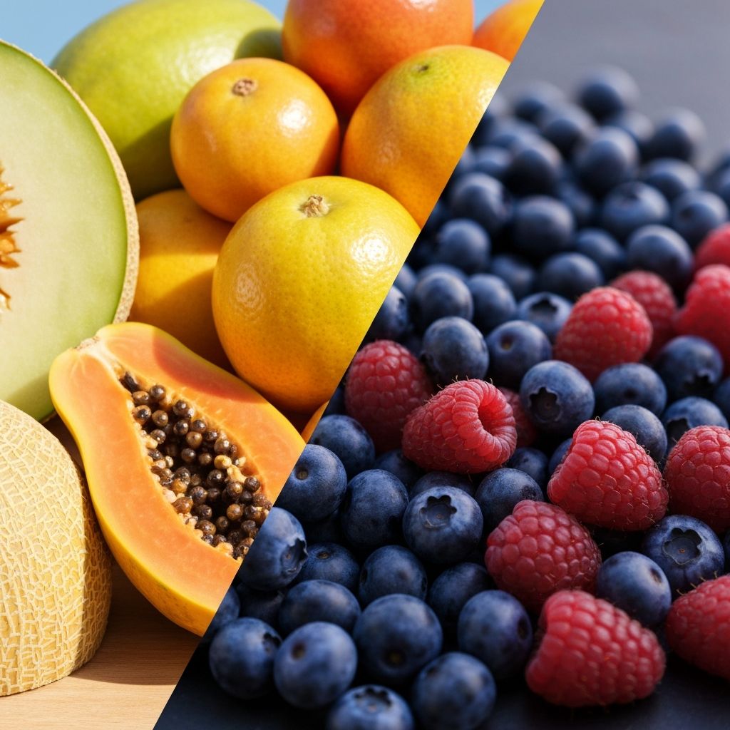 Geteilte Komposition mit Früchten bei Tageslicht und Beeren bei Abendlicht - Ernährungskontext